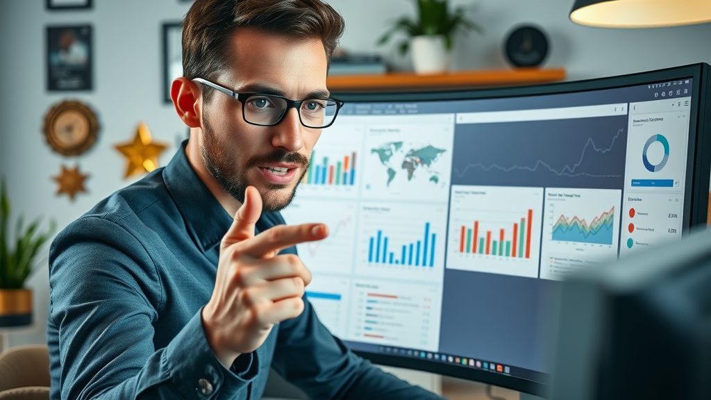 Close-up of a professional analyzing SEO audit results on a desktop monitor, intent and analytical expression, hands pointing at graphs and local keyword charts, background includes office decor with plants and awards, highly detailed data visualizations, sharp colors, shot with a 24mm camera lens. SEO audit Oak Ridges