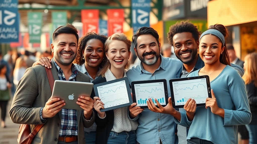 Diverse local business owners celebrating success together, joyful and proud expressions, holding digital tablets showing positive analytics, detailed Oak Ridges marketplace background with banners and shoppers, radiant and energetic color scheme, golden hour lighting, shot with a 85mm camera lens. Oak Ridges SEO business success