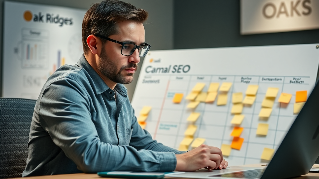 Focused professional at a desk, mapping out an SEO campaign with post-it notes and a planning board, thoughtful concentration, outlining strategy flows, background with diagrams and Oak Ridges branding, highly detailed campaign timeline, shot with a 50mm camera lens. SEO campaign Oak Ridges