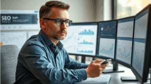 Richmond Hill 8 SEO Richmond Hill specialist conducting keyword research with digital search graphs in modern office