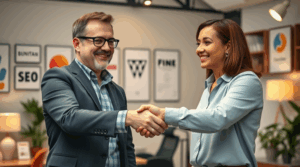 Richmond Hill 9 SEO consultant and Richmond Hill business owner shaking hands in a cozy office