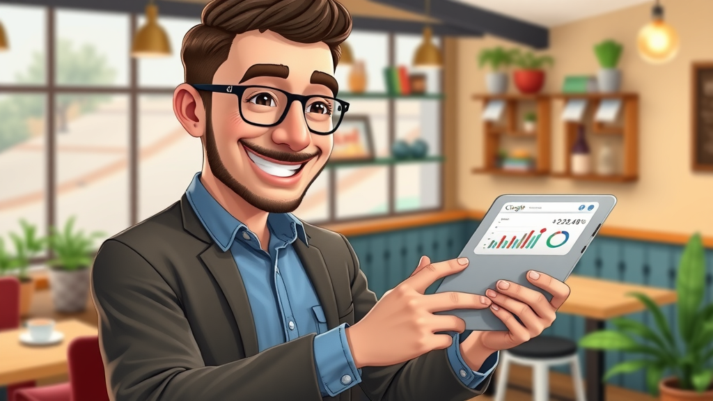 Business owner happily updating their Google Business Profile on a tablet, satisfied expression, interacting with digital marketing analytics, background showing a cozy Oak Ridges cafe interior, highly detailed with animated charts and digital notifications, shot with a virtual isometric perspective. Google Business Profile Oak Ridges