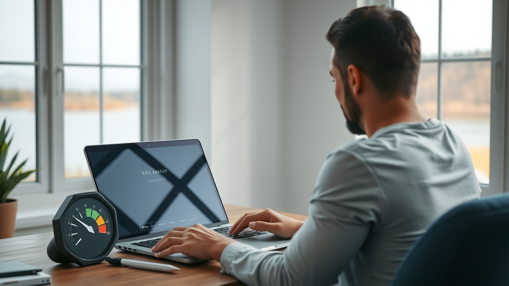 sleek business website on laptop screen, small Lake Wilcox business owner reviewing site speed in home office, speedometer overlay