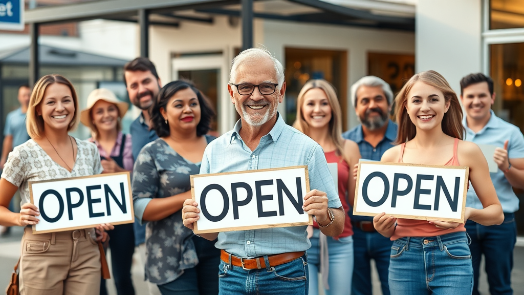 Successful Hillcrest business owners holding ‘open’ signs, SEO near Hillcrest, local visibility, happy customers.