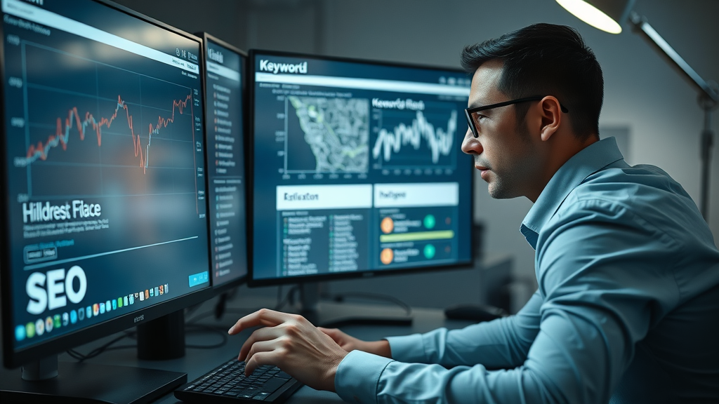 Digital marketer analyzing Hillcrest keyword data, local SEO graphs, and Hillcrest area map on monitors.
