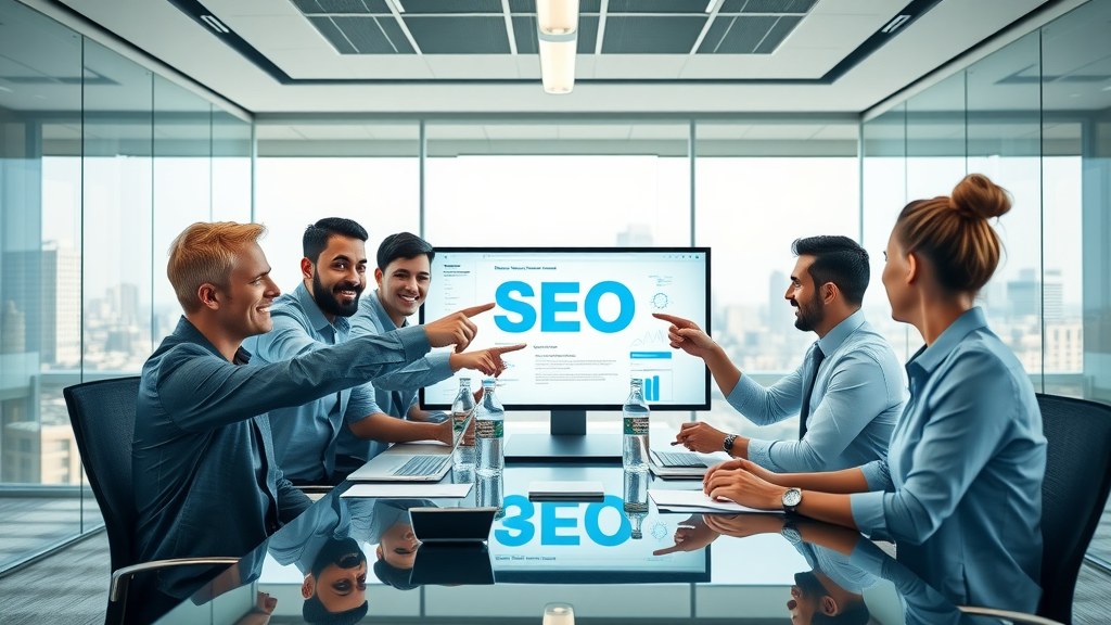 Motivated Hillcrest small business team collaborating on SEO strategy plan, conference room, SEO near Hillcrest.