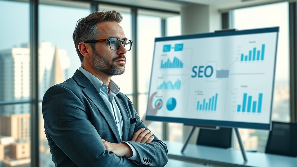 marketing consultant in modern Richvale office presenting seo provider strategies to improve site rank on digital whiteboard