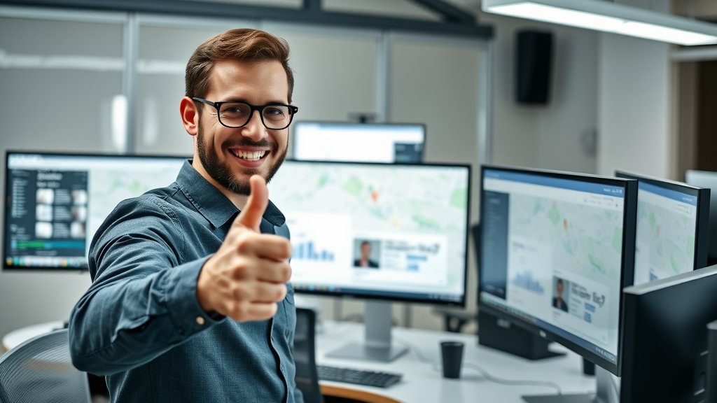 Digital marketer pointing at Google Maps business listing in Richmond Hill agency workspace