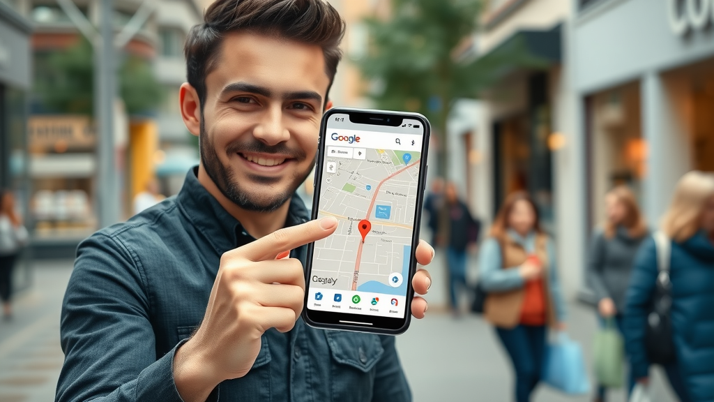 Modern Google Maps interface on smartphone with confident small business owner pointing at location pin in Richmond Hill local storefronts